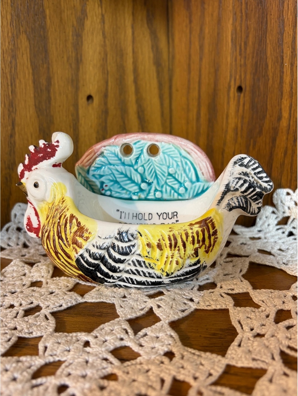 Vintage Ceramic Rooster Scouring Pad & Sponge Holder - Made in U.S.A